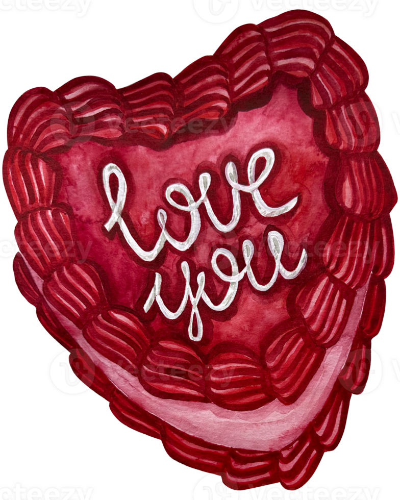 Watercolor illustration delightful red heart shaped cake with the inscription i love you. Perfect for celebrations and special occasions. Valentines Concept. png