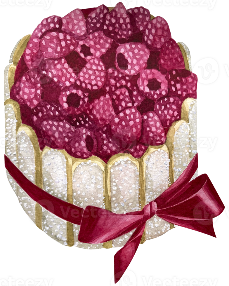 Watercolor illustration raspberry cake with a pink ribbon, element design great for cards, banners, headers, party posters or decorate your artwork. png
