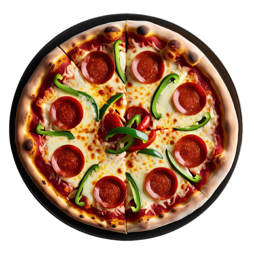A pizza with pepperoni and green peppers png
