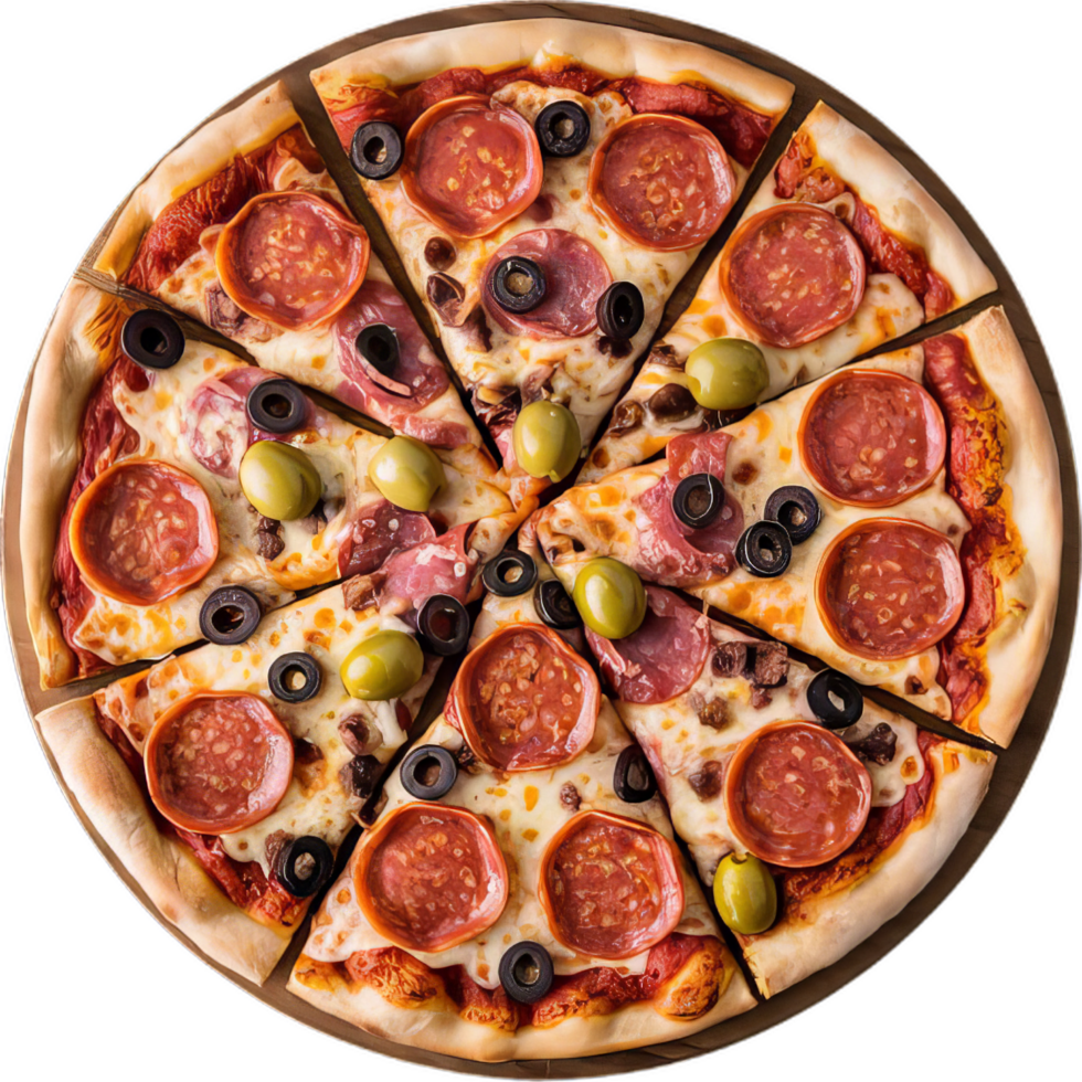 A pizza with pepperoni, olives and cheese png
