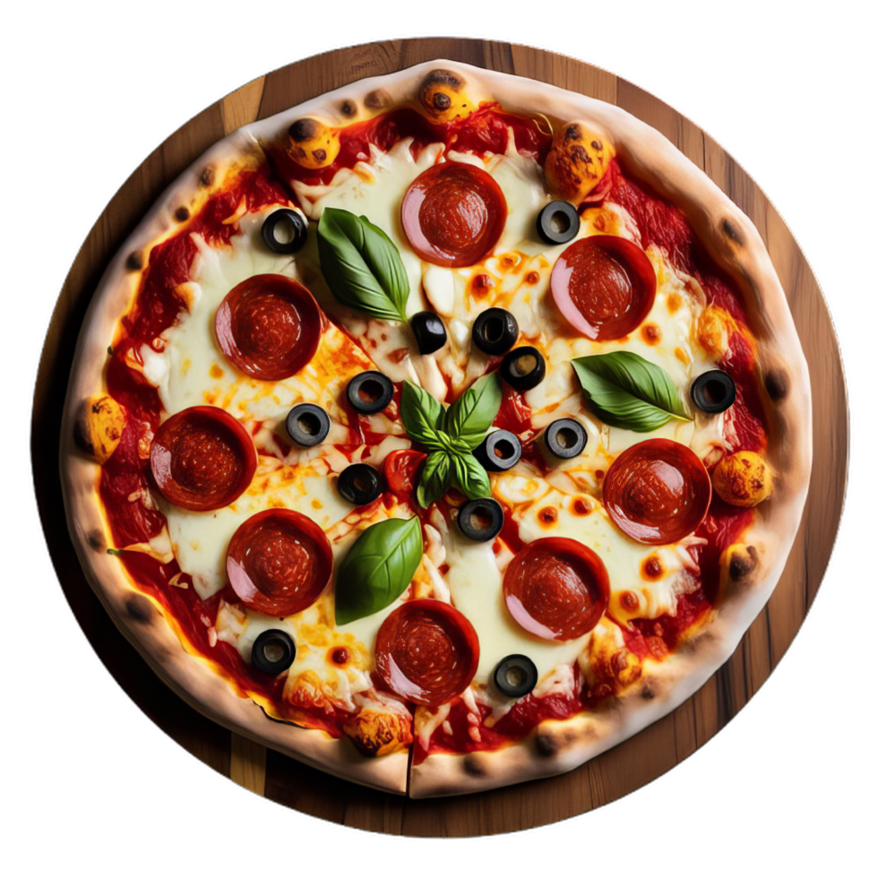 A pizza on a wooden table png