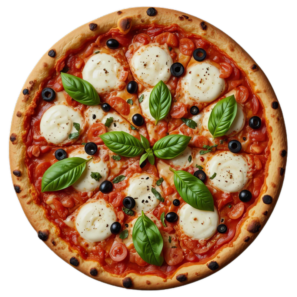 A pizza with cheese, olives and basil leaves png