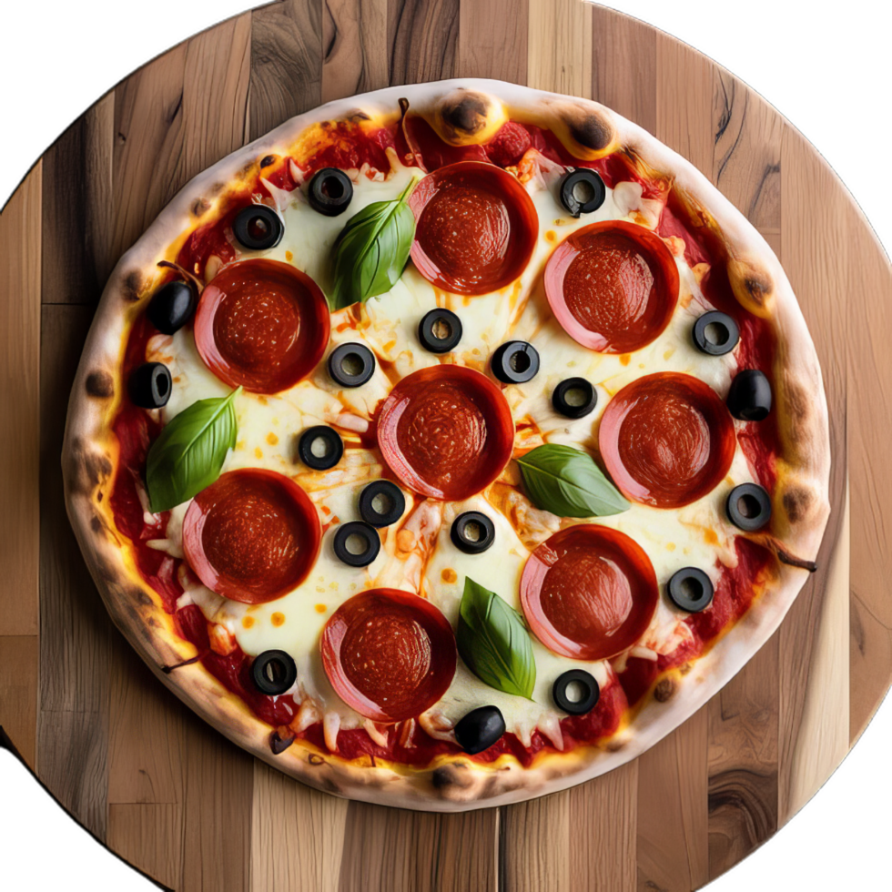 A pepperoni pizza on a wooden table png