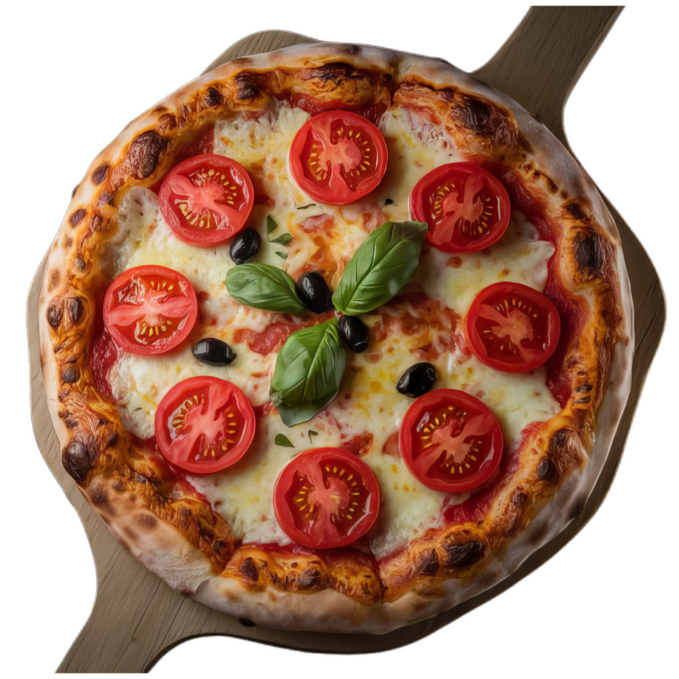 A pizza with tomatoes and basil on top png