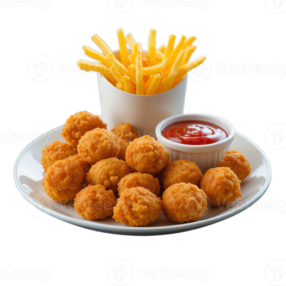 A plate with fries and cheese balls png