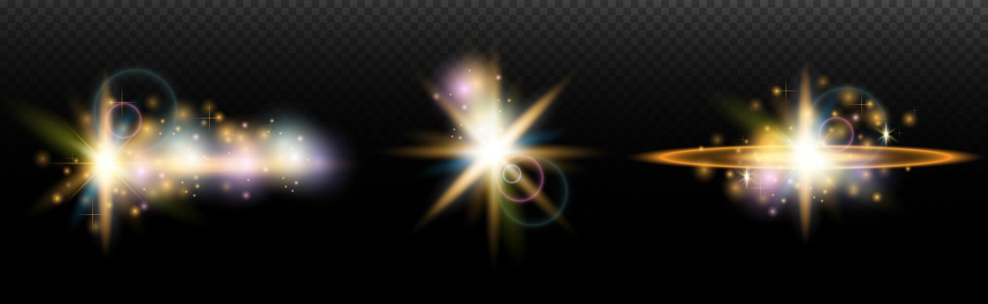 a set of glowing lights and stars on a black background vector