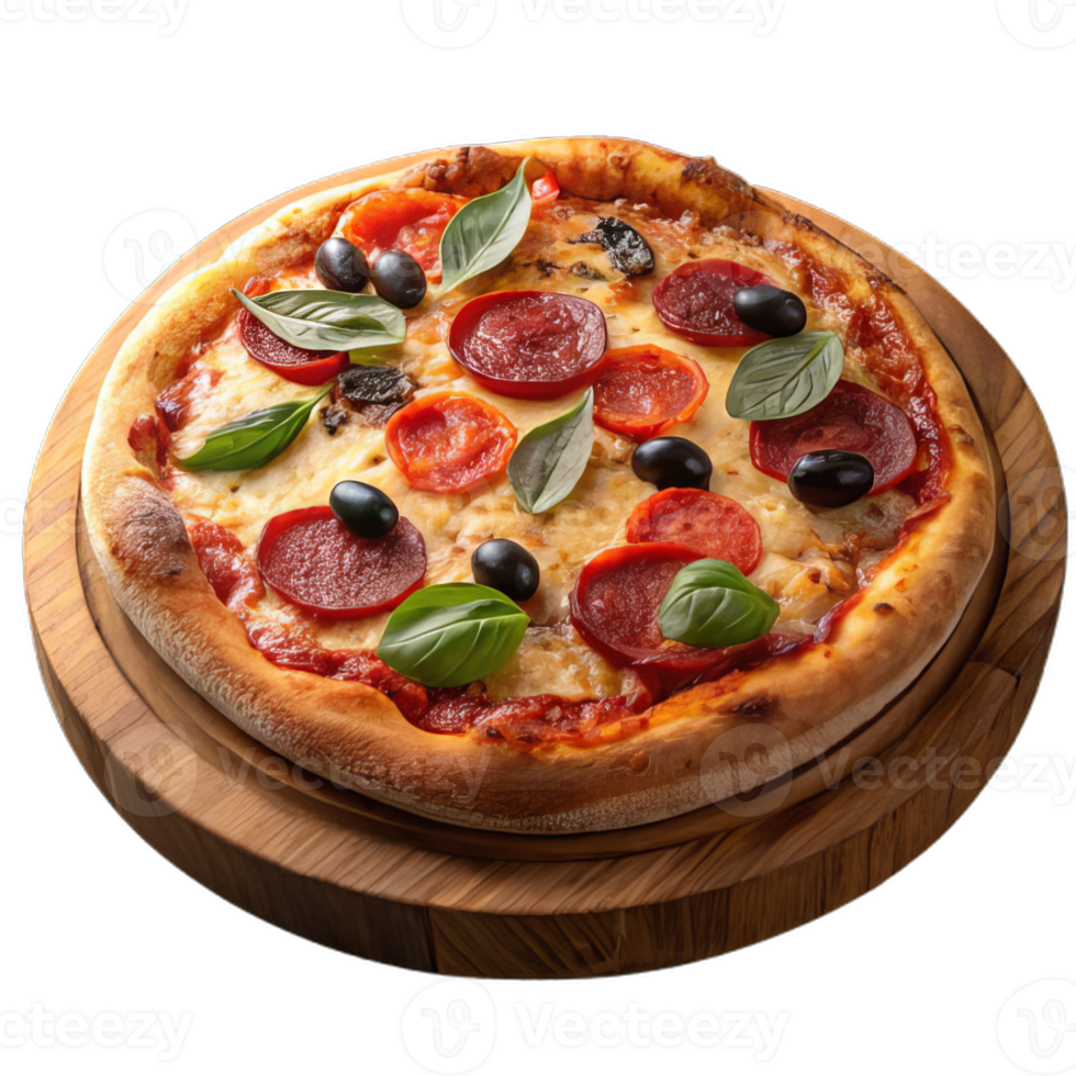 A pizza on a wooden plate with pepperoni and olives png