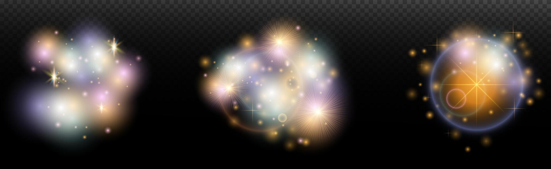 set of glowing stars and light effects on a black background vector