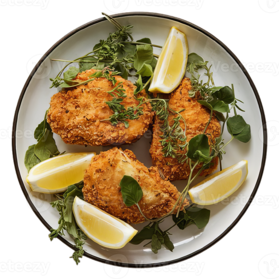 A plate with chicken cutlets, lemon slices and herbs png