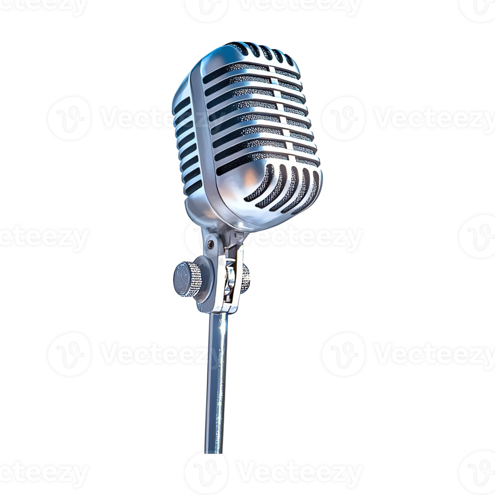 Close-up of a classic vintage microphone on a stand, showcasing its iconic retro design and polished metallic finish, ideal for audio recording and broadcasting themes. png