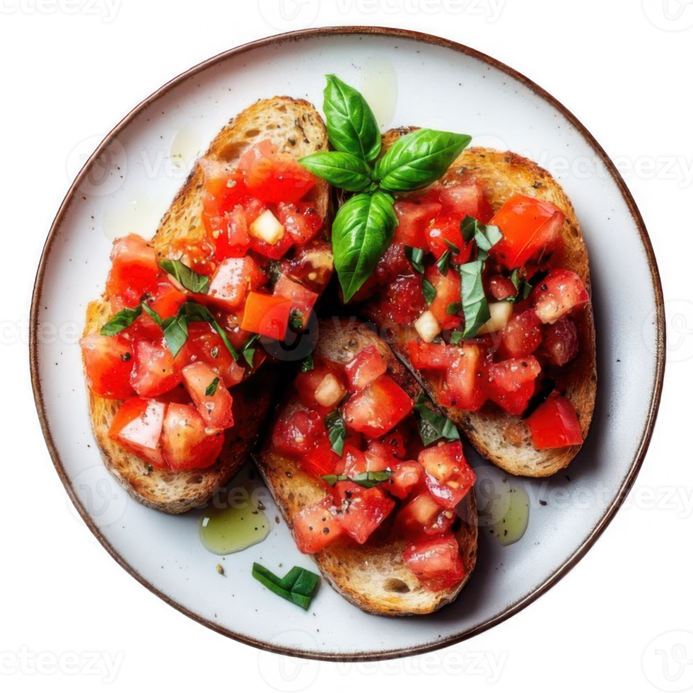 A Bruschetta with tomatoes, basil and olive oil png