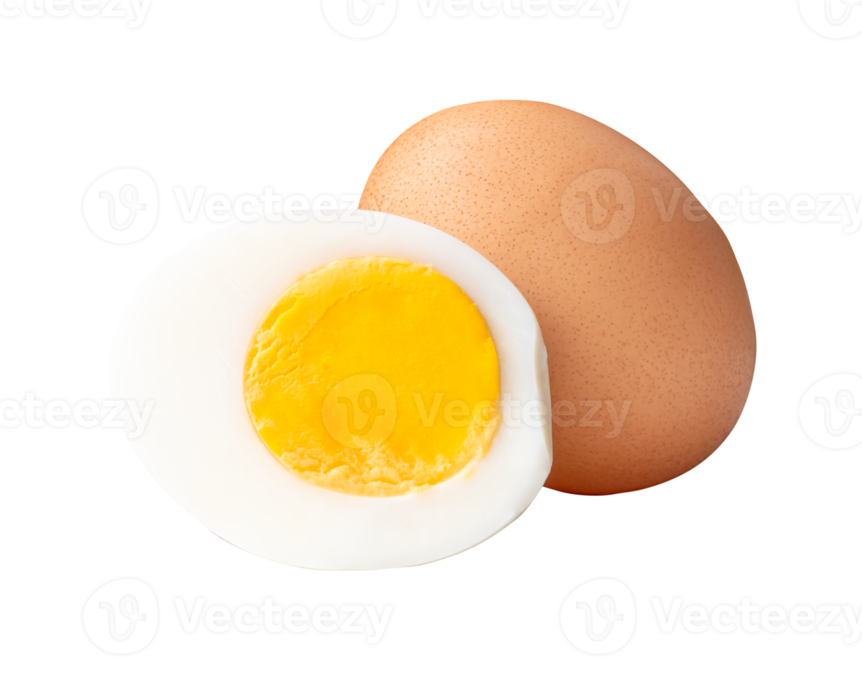 Cream raw chicken egg and peeled cooked or boiled egg with egg yolk in half in stack isolated with clipping path in file format png