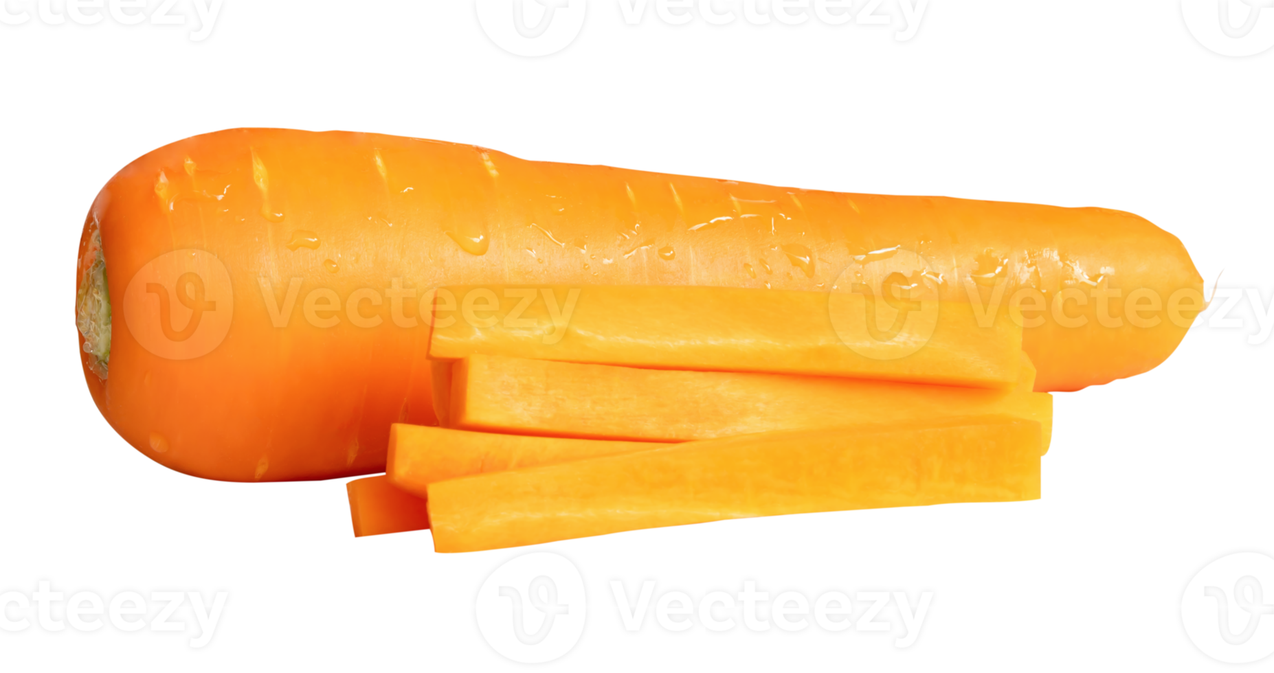 One root of orange carrot with slices in stick shape in stack isolated with clipping path in file format png