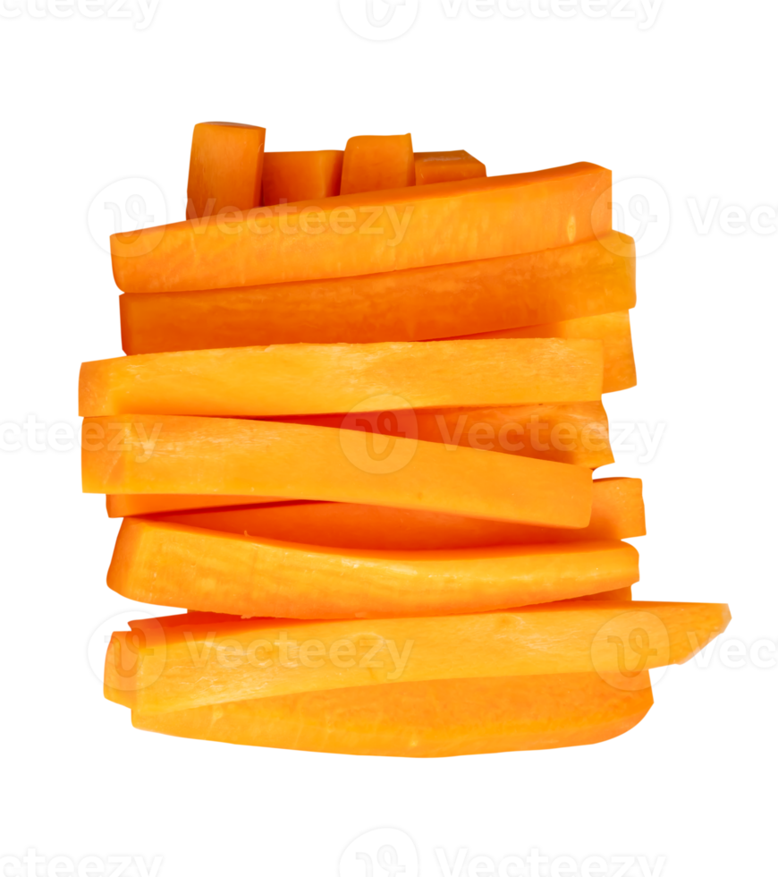 Orange carrot slices in stick shape in stack isolated with clipping path in file format Top view carrot sticks png