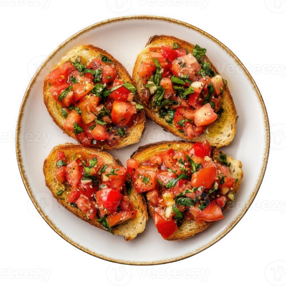 Bruschetta with tomato, onion and parsley on plate png