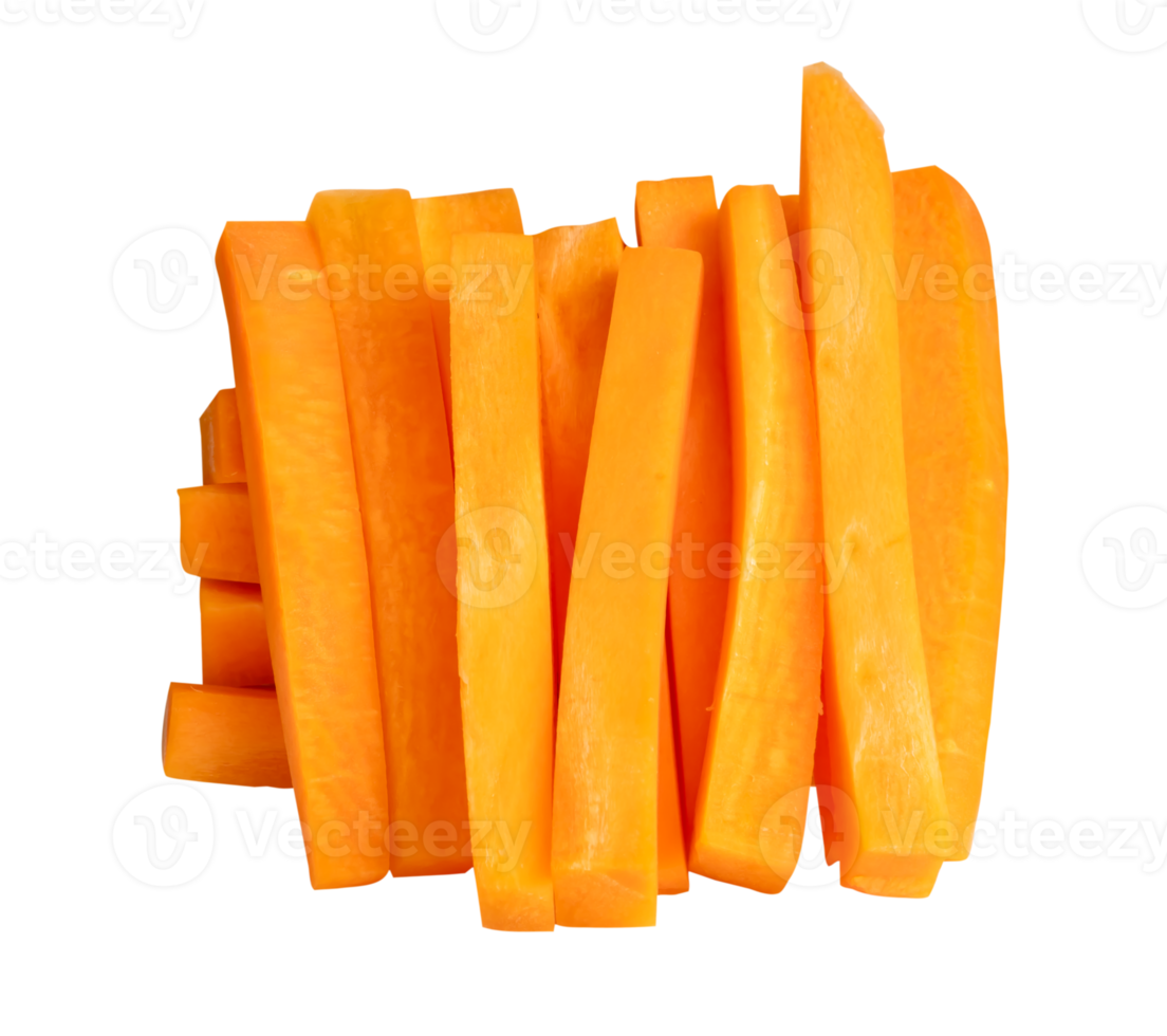 Group of orange carrot slices in stick shape in stack isolated with clipping path in file format png