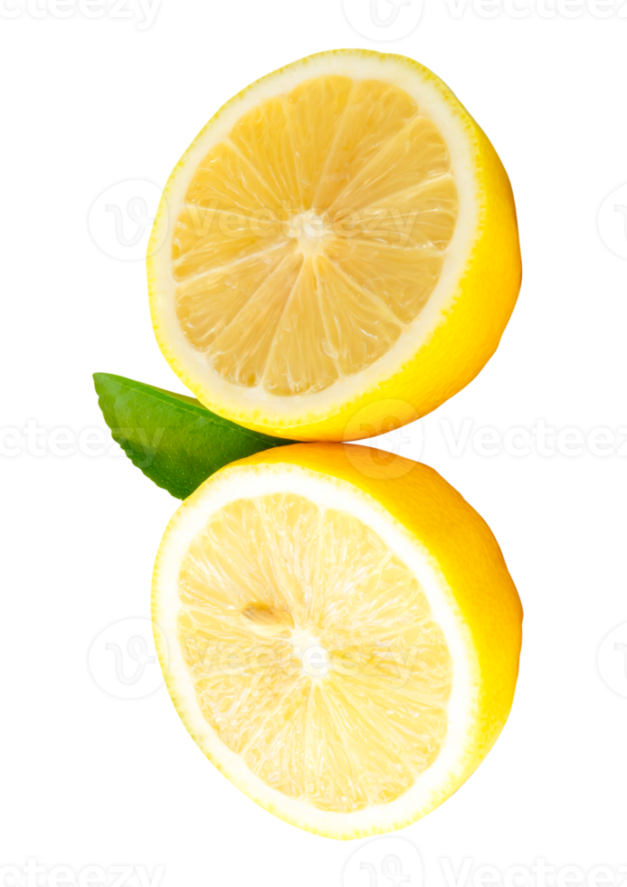 A group of lemon fruits cut into two halves or pieces with green leaf in stack isolated with clipping path in file format png