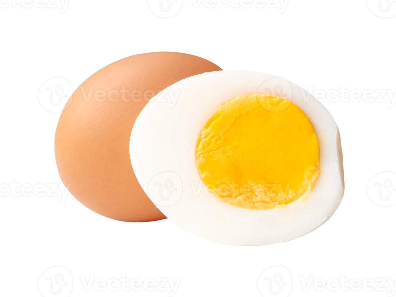 Raw chicken egg and peeled cooked or boiled egg with egg yolk in half in stack isolated with clipping path in file format png