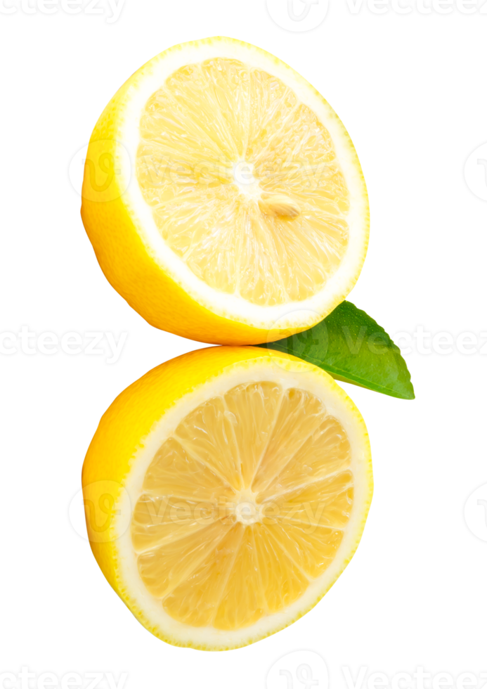 Yellow lemon fruits cut into two halves or pieces with green leaf in stack isolated with clipping path in file format png