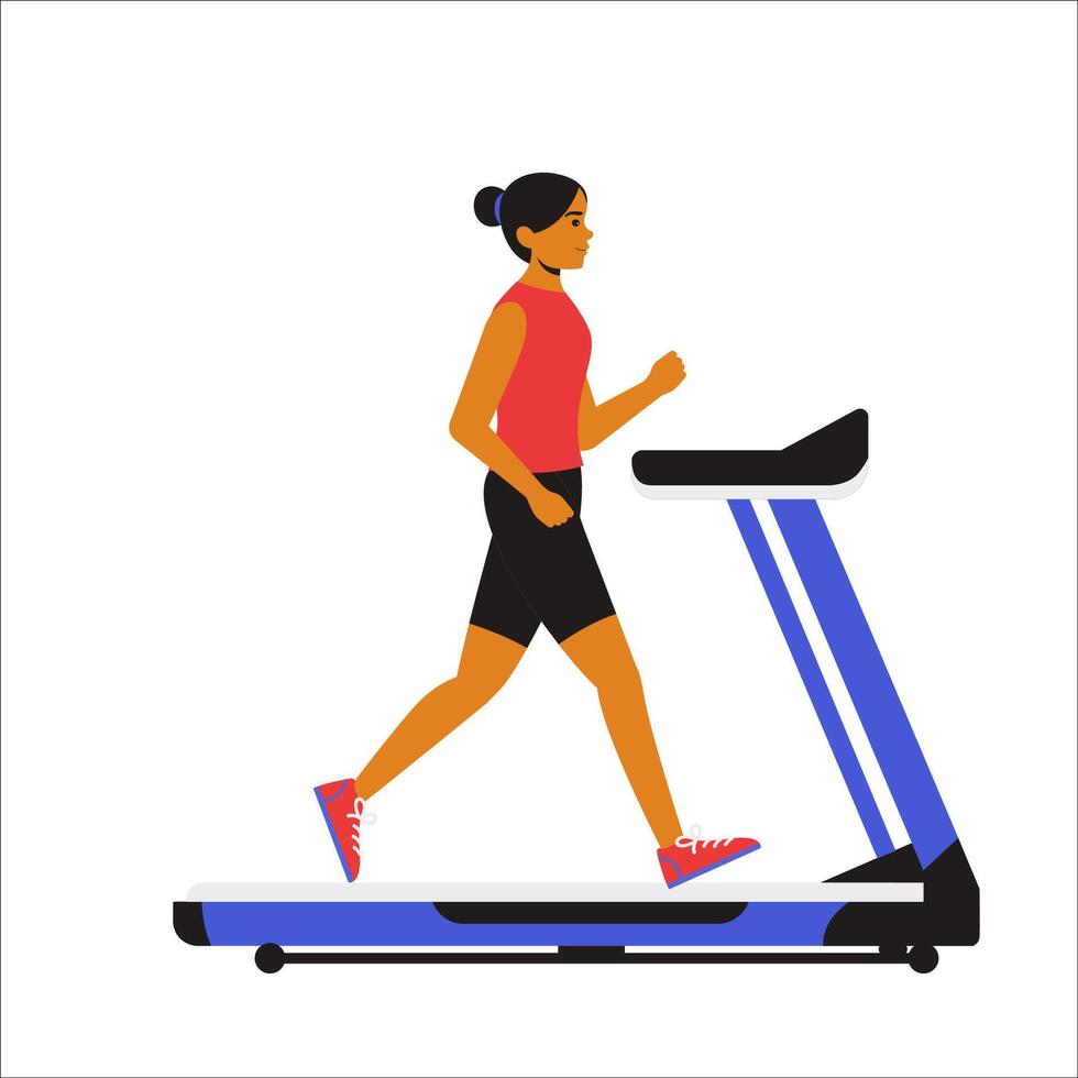 girl running on a treadmill, showcasing a steady and controlled running motion with proper posture. The animation highlights cardiovascular endurance, leg strength, and overall fitness improvement. vector