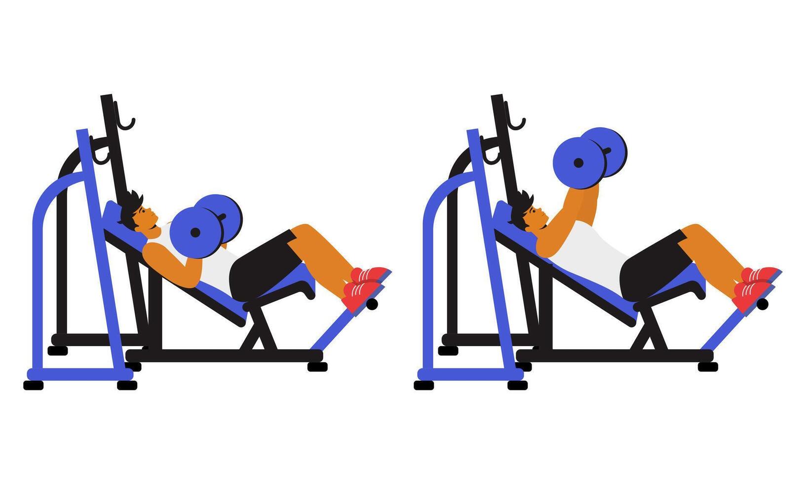man performing an inclined bench press, a variation of the traditional bench press that targets the upper chest and shoulders. The character lies on an inclined bench, gripping a barbell or dumbbells vector