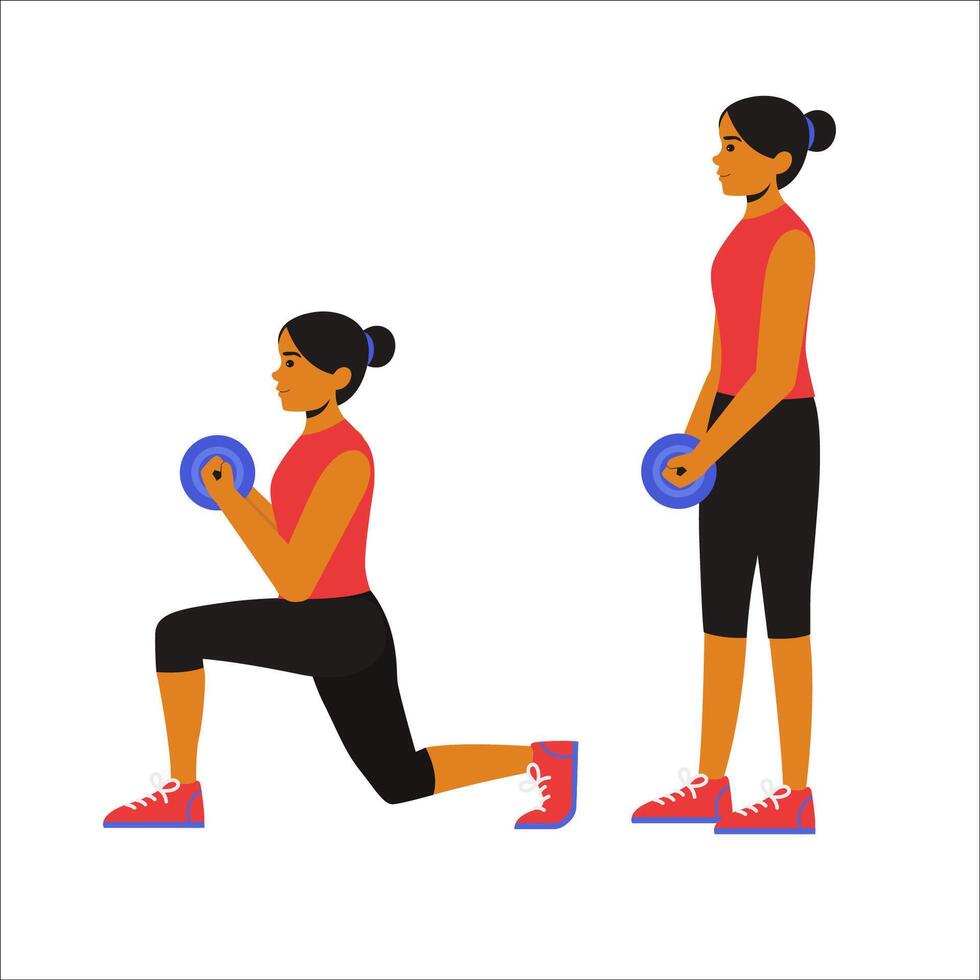 girl performing Dumbbell Lunges with proper form and control. The animation showcases her stepping forward into a lunge position while holding dumbbells, emphasizing balance, strength, and stability. vector