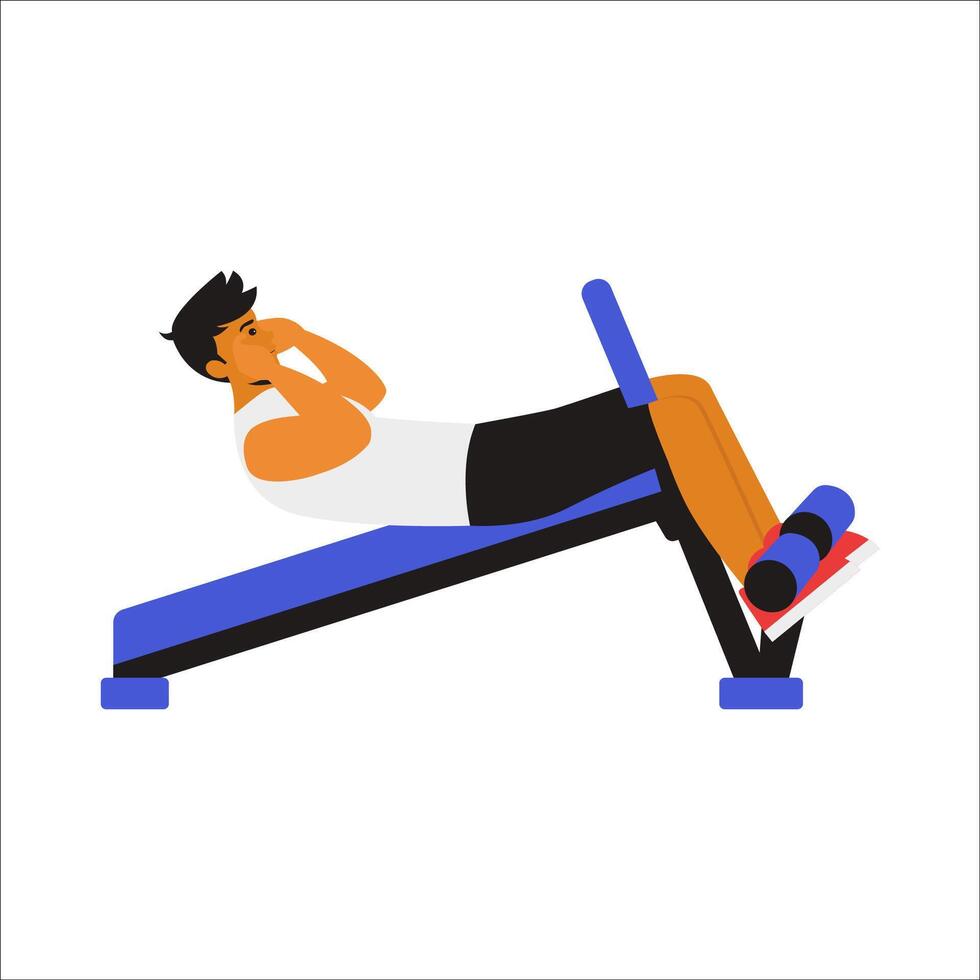 man doing crunches, showcasing proper core engagement and controlled movement. The animation highlights the abdominal muscles contracting as he lifts his upper body, focusing on core strength vector
