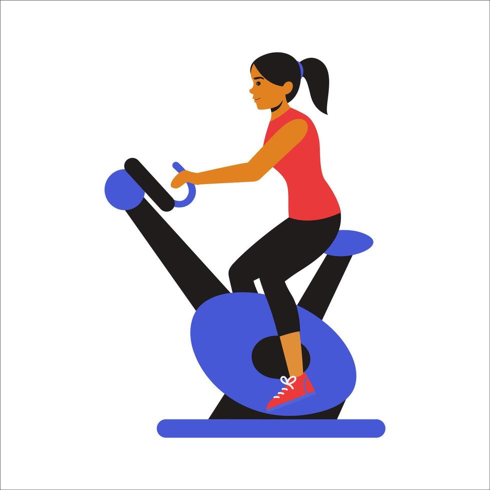 girl on a stationary bicycle, demonstrating a steady cycling motion with proper posture and controlled pedaling. The animation highlights lower body endurance, cardiovascular training vector