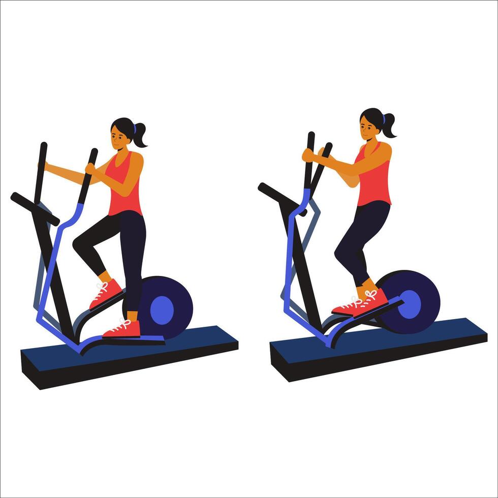 girl on an elliptical bike, demonstrating a controlled and rhythmic motion while maintaining proper posture. The animation highlights full-body engagement, focusing on cardiovascular endurance vector