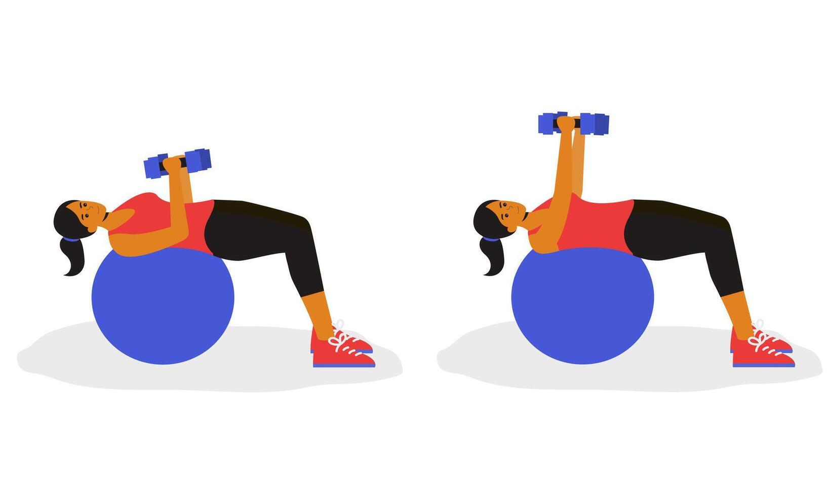 girl performing a Ball Chest Press exercise. The animation showcases controlled movements as she lies on a stability ball, holding dumbbells and pressing them upwards with proper form. vector
