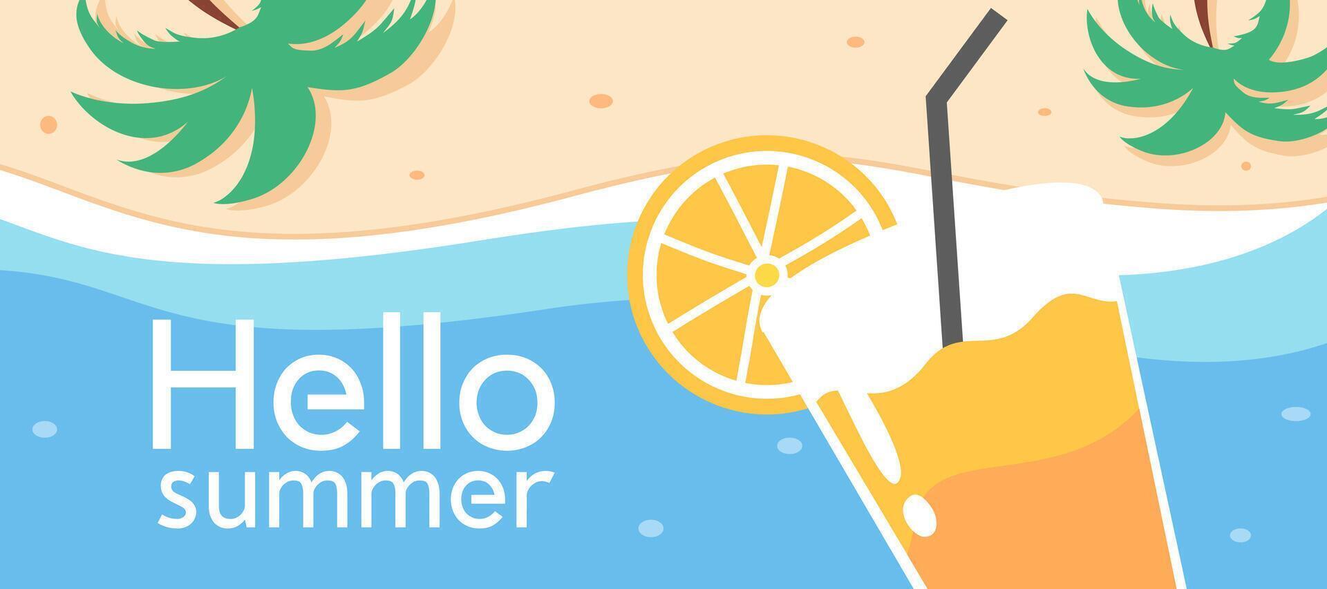 Summer holiday season banner with juice, sea, beach or ocean and place for text illustration for travel poster vector