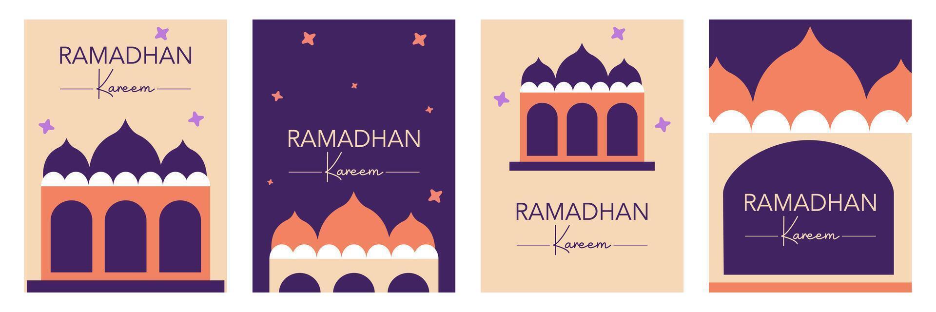 Set of Happy Eid Mubarak and Ramadan Kareem greeting with mosque illustration on beautiful background for card, poster and banner vector