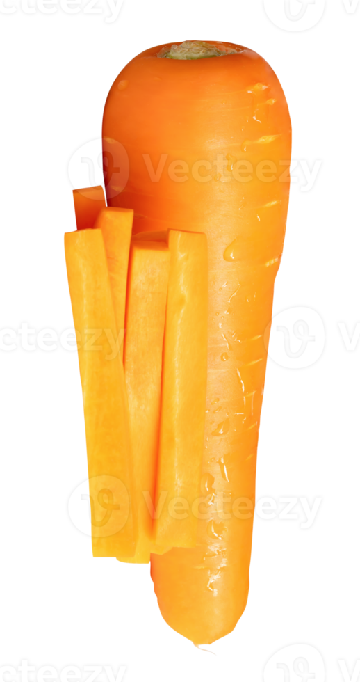 Orange carrot top view with slices in stick shape in stack isolated with clipping path in file format png