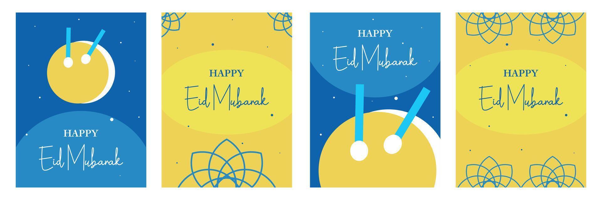 Set of creative Happy Eid Mubarak and Ramadan Kareem greeting with islamic element illustration on blue and yellow background for card, poster and banner vector