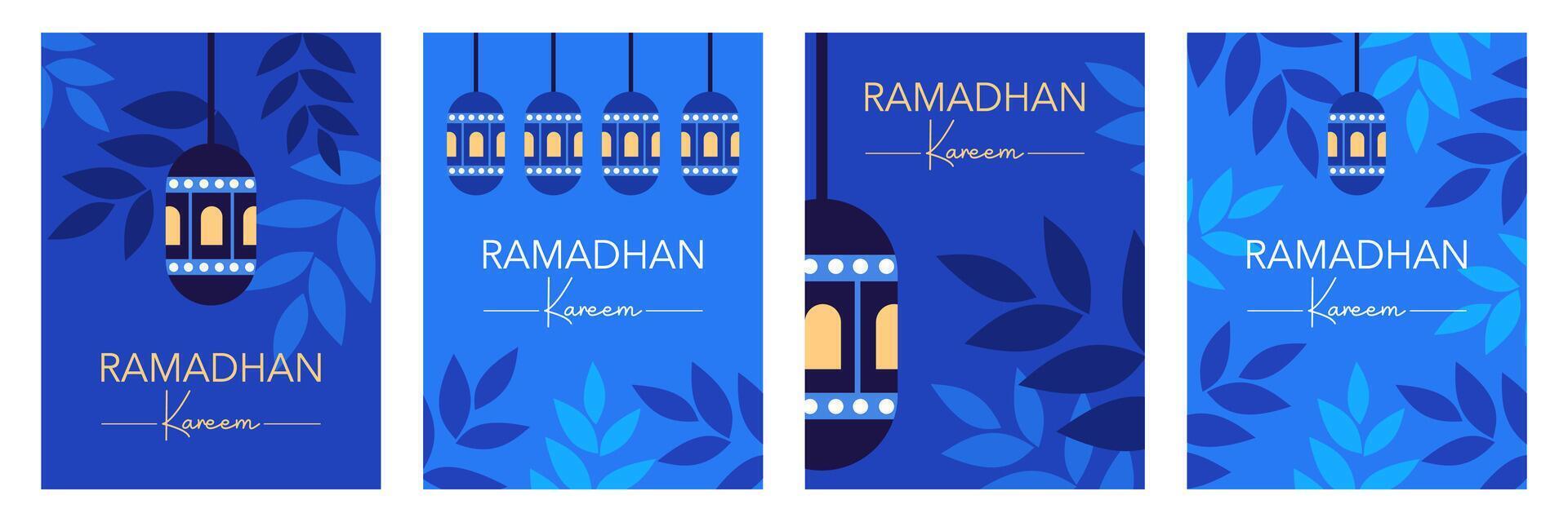 Set of Happy Eid Mubarak and Ramadan Kareem greeting with lantern and leaves illustration on blue background for card, poster and banner vector