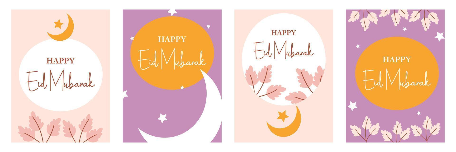 Set of Happy Eid Mubarak and Ramadan Kareem greeting with leaves and floral illustration on pastel background for card, poster and banner vector
