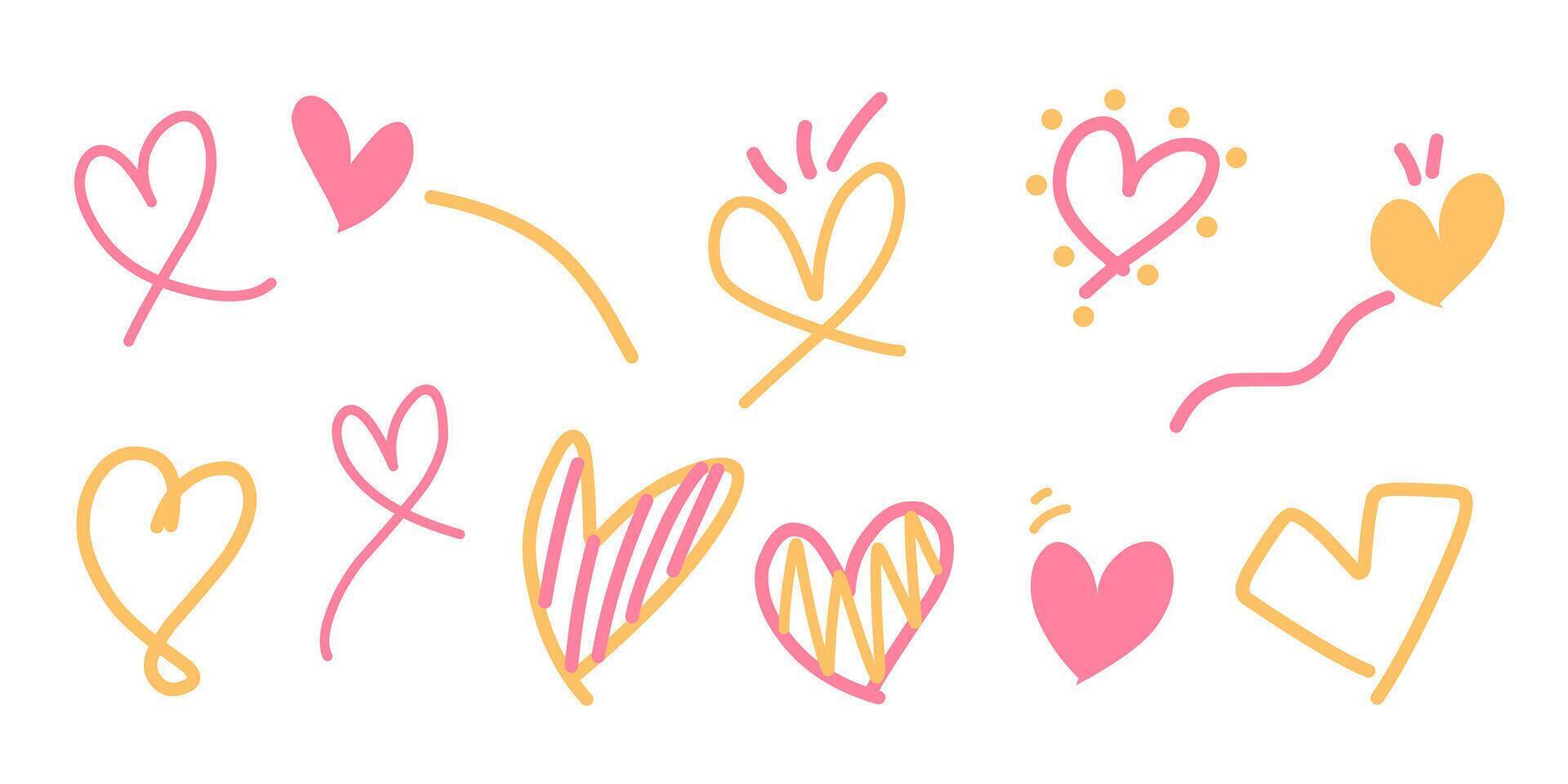Set of flat doodle, heart icon, love sign element in pink and orange color isolated background. vector