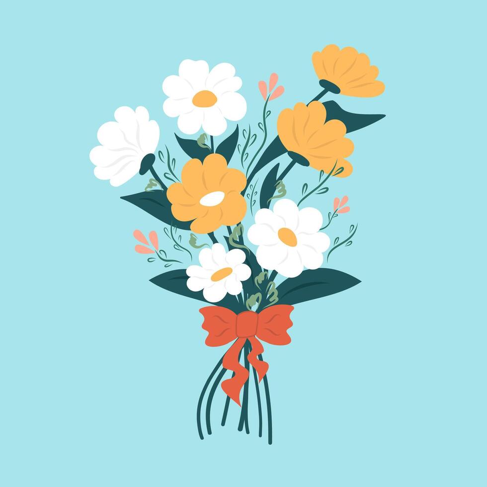 Beautiful bouquet of yellow and white flowers tied with a red ribbon on a light blue background. Decorative concept of floral elegance and gift vector