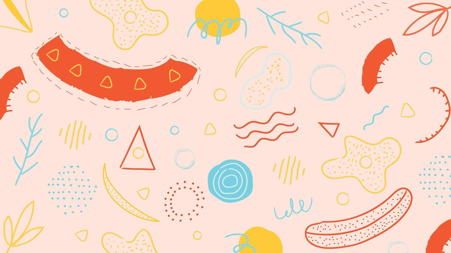 Vibrant abstract pattern background featuring hand-drawn doodles, geometric shapes, and pastel colors. Ideal for creative designs, wallpapers, branding, and digital art with a modern aesthetic. vector