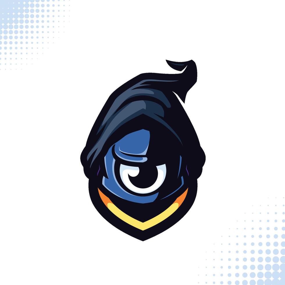 Blue One Eyed Cyclops with Dark Hood Mascot and Gold Shield vector