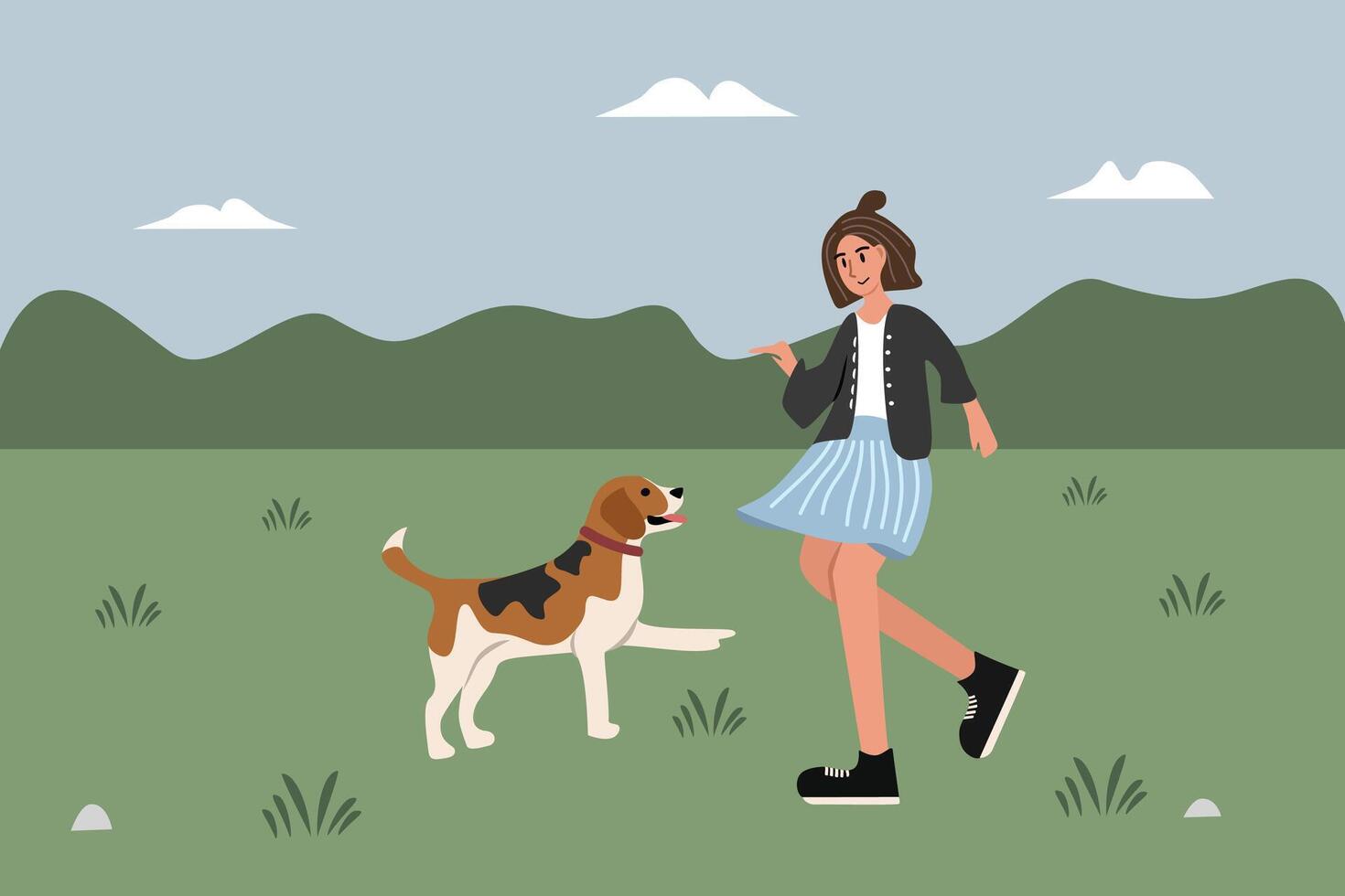 Woman with playful dog. Girl dance with dog. Woman with dog in the park. Summer activity. Spring activity. vector