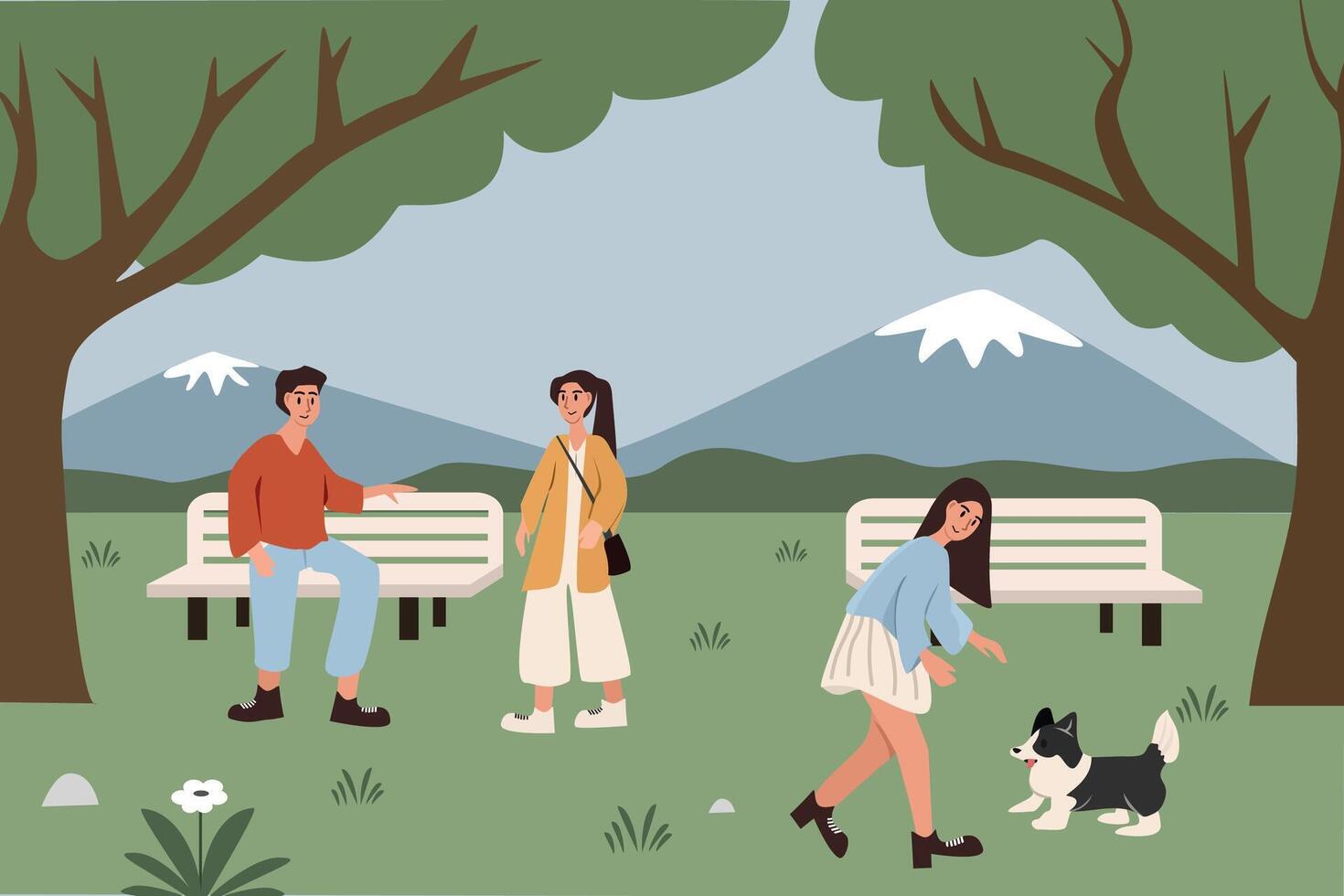 Friends Relaxing in the Park. Couple dating in the park. Woman with her dog playing in the park. Summer activity. Spring time. Holiday time. Park activity. vector