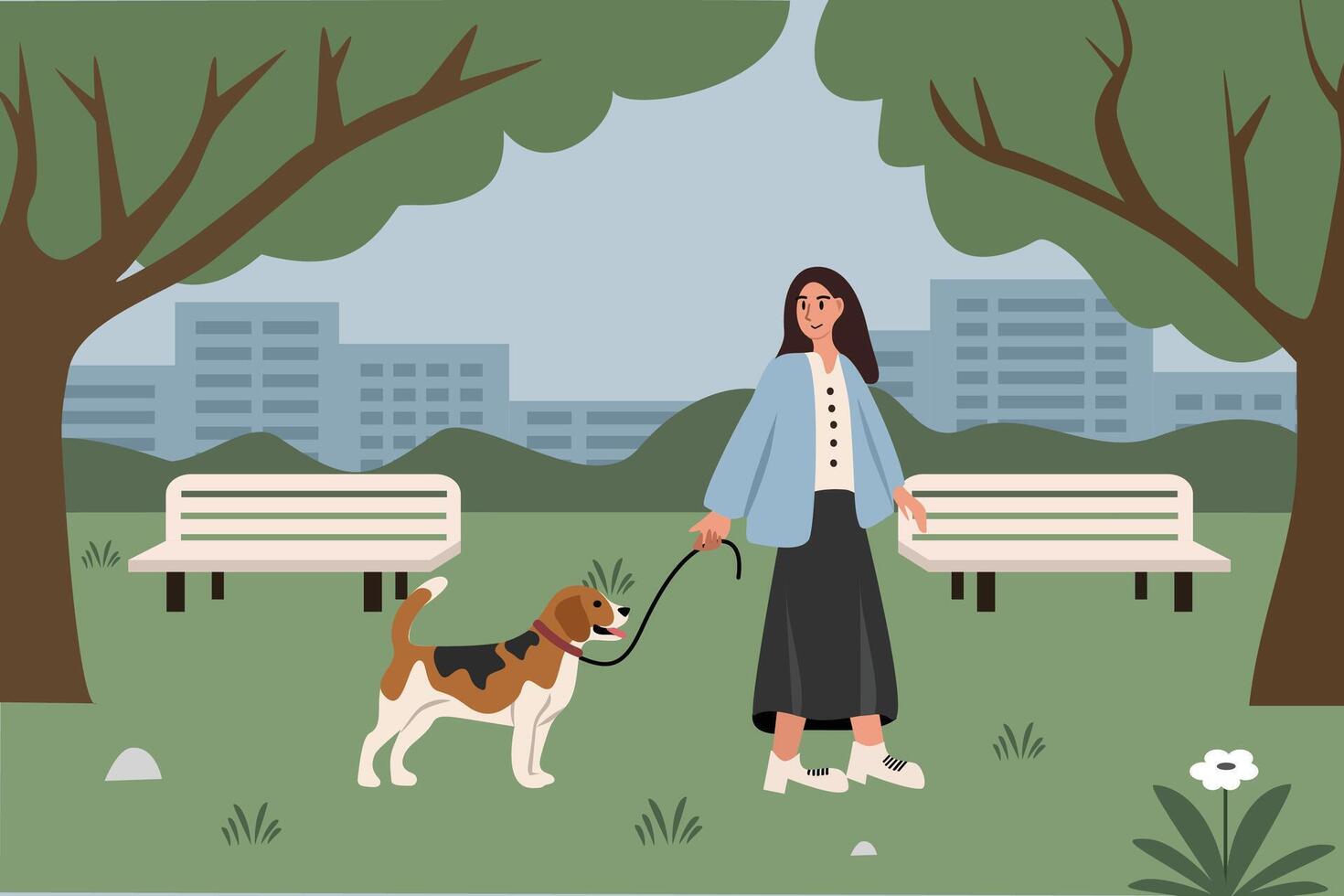 Woman Walking with dog in the urban Park. Urban park landscape. Playing with dog. Spring season. Summer time. People with animal. vector