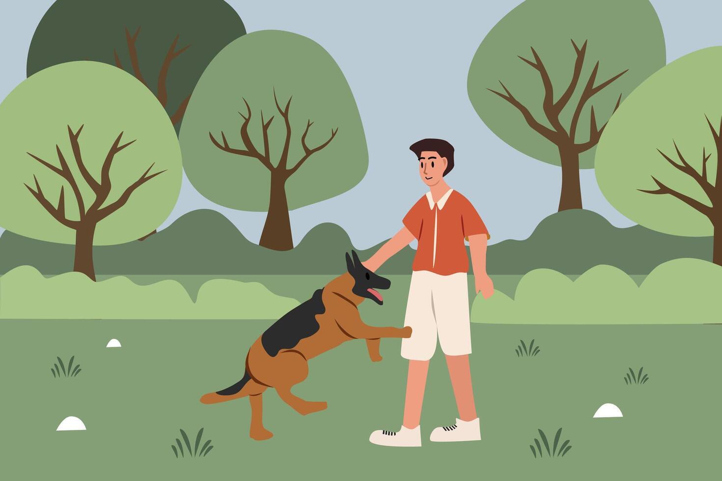 German shepherd dog in the park. Man Playing with His Dog in the Park. People with animal. People with german shepherd. vector