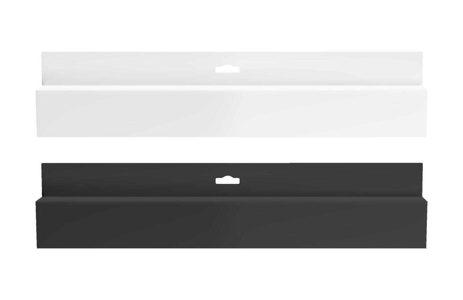3d black hang box mockup isolated. Blank rectangle toothpaste carton pack. Medical or cosmetic container with hanger for stand. Luxury rectangular cardboard dummy shape thin paperboard packaging. vector