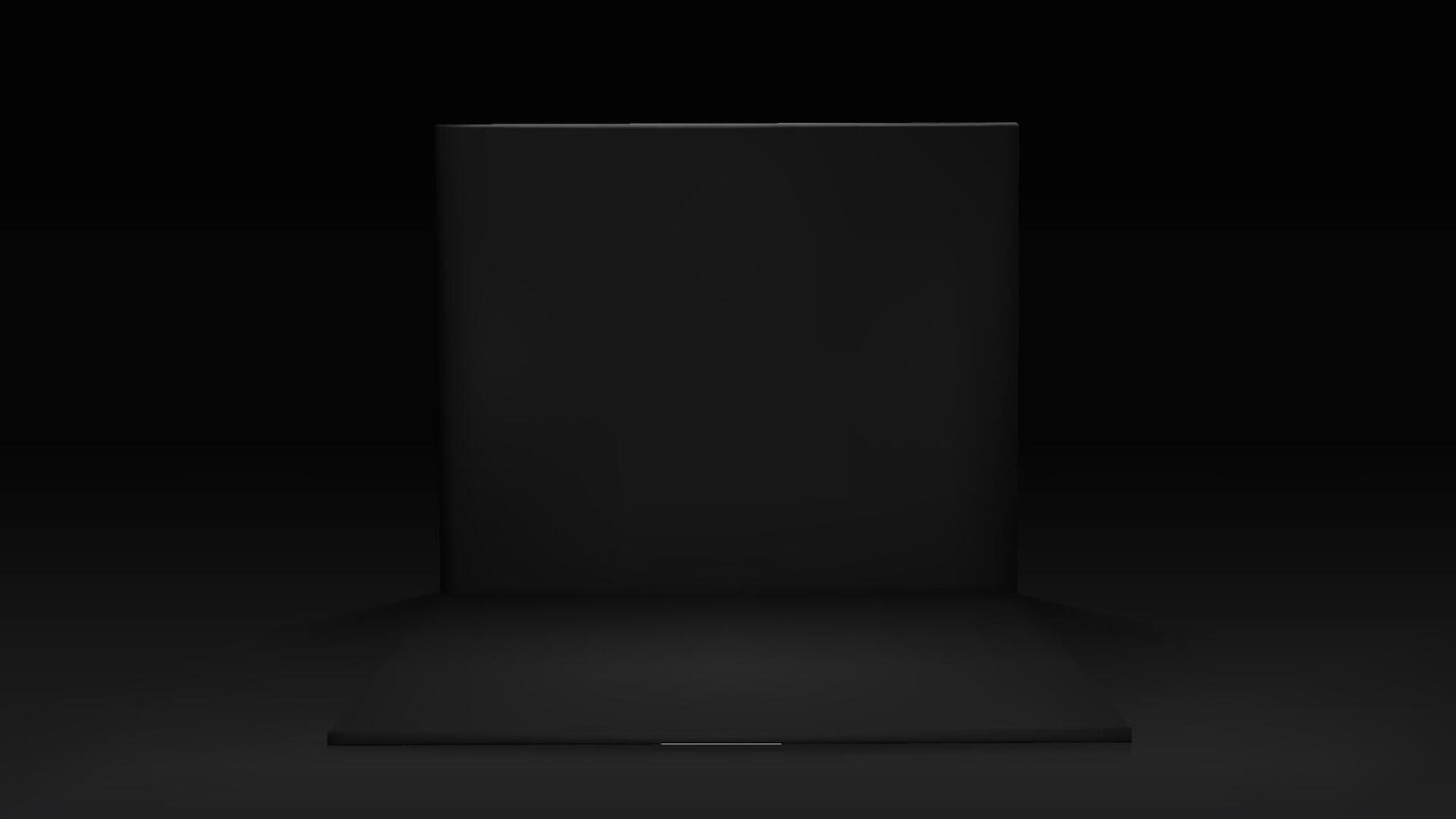 3d black empty room. Inside cube space with wall. Dark open studio interior mockup with limbo. Abstract advertising container for podium booth. Minimal indoor section for exhibition stall . vector