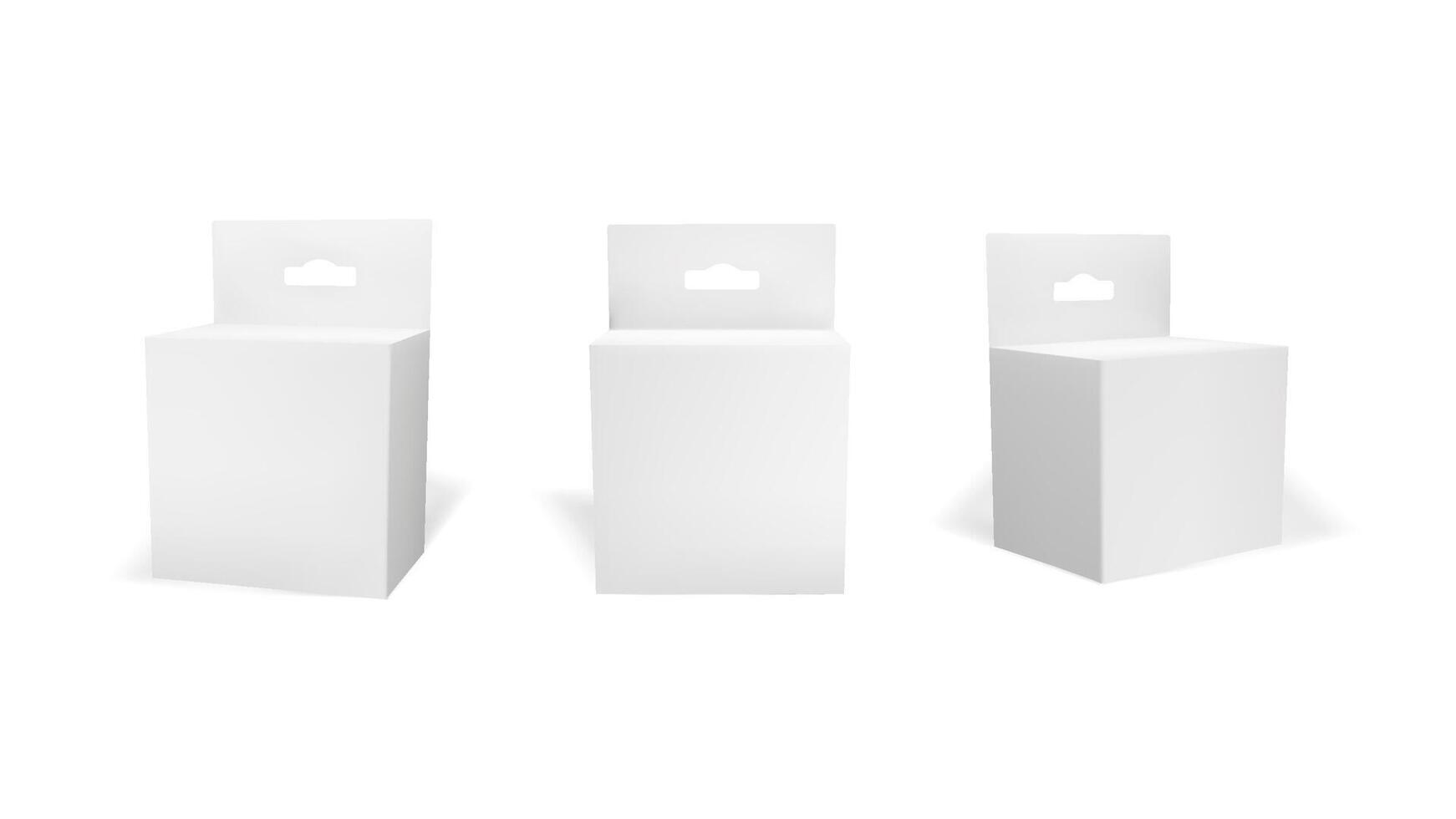 3d hang tab box mockup. White black pack for product. Small carton medicine container. Cosmetic cream or tea dummy shape paperboard with hanger. Cube packaging front and side. Plain slot cardboard. vector