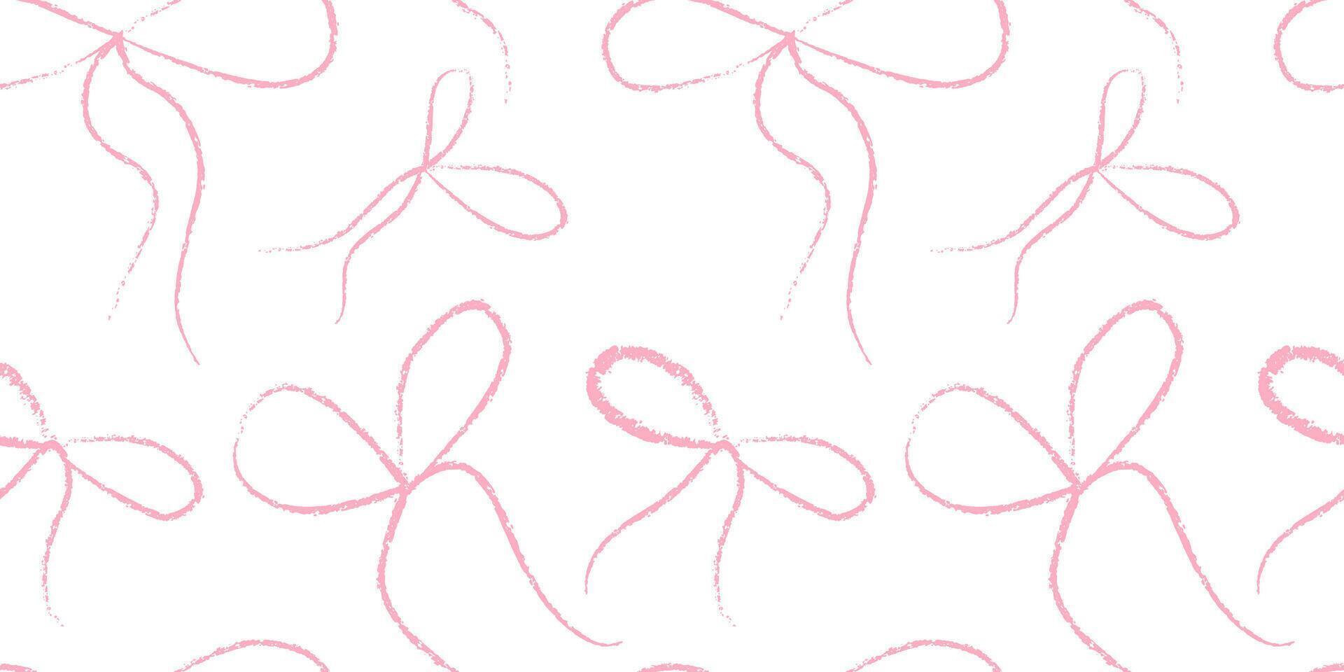 Cute ribbon bow drawing with crayon design. Y2k repeat dainty ballet band pattern with pencil scribble texture. Flirt tie with aesthetic lipstick childlike line art seamless panorama wallpaper. vector