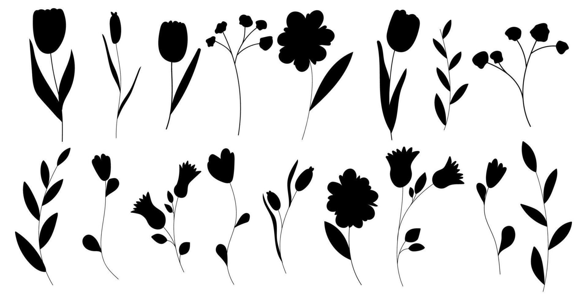 Silhouette flower with branch and leaf. Spring floral illustration. Simple nature icon with plant. Black and white foliage graphic. Flat background with cute botany design for organic set. vector