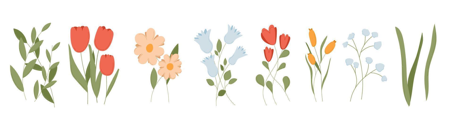 Abstract spring flower set with cute floral plant element. Flat doodle summer clipart with garden icon. Modern nature graphic with isolated leaves, wildflower blossom and tulip Easter design. vector